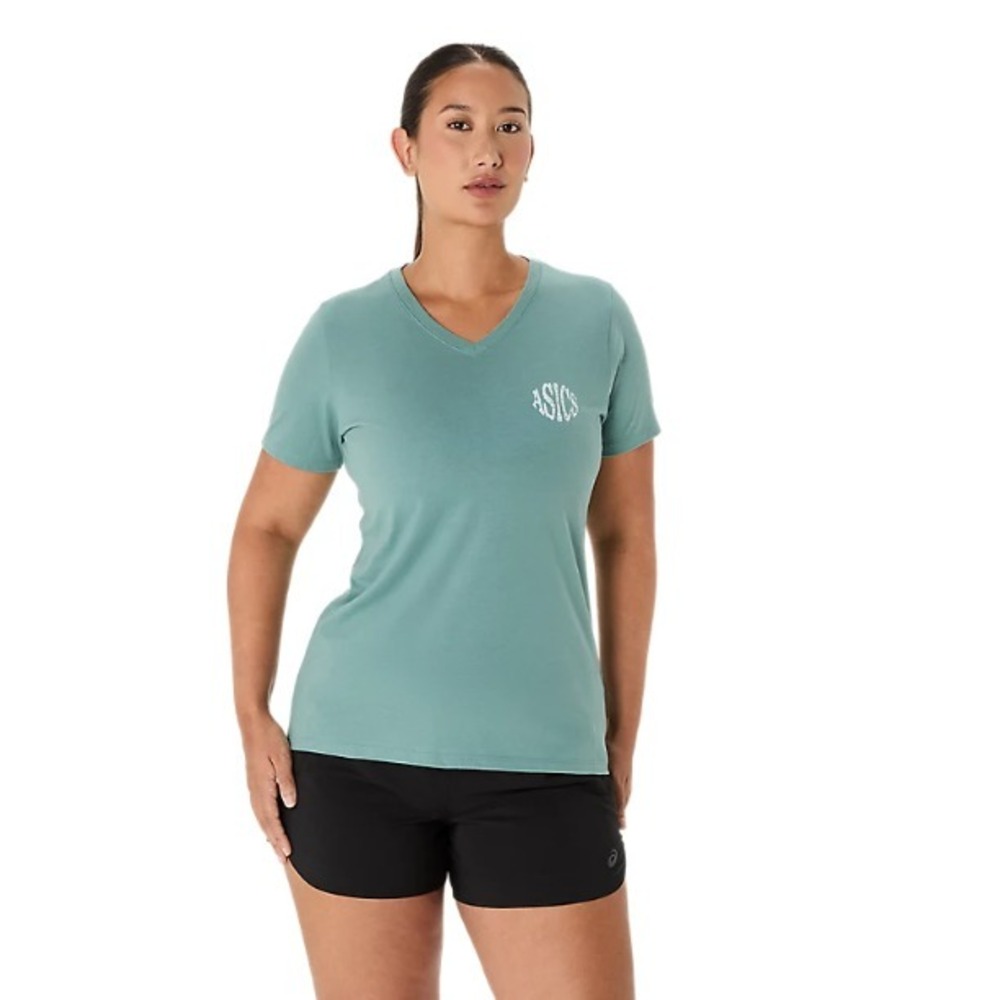 ASICS® (Women's MEDIUM) Nature V-Neck Short Sleeve T-Shirt in Celadon Heather
